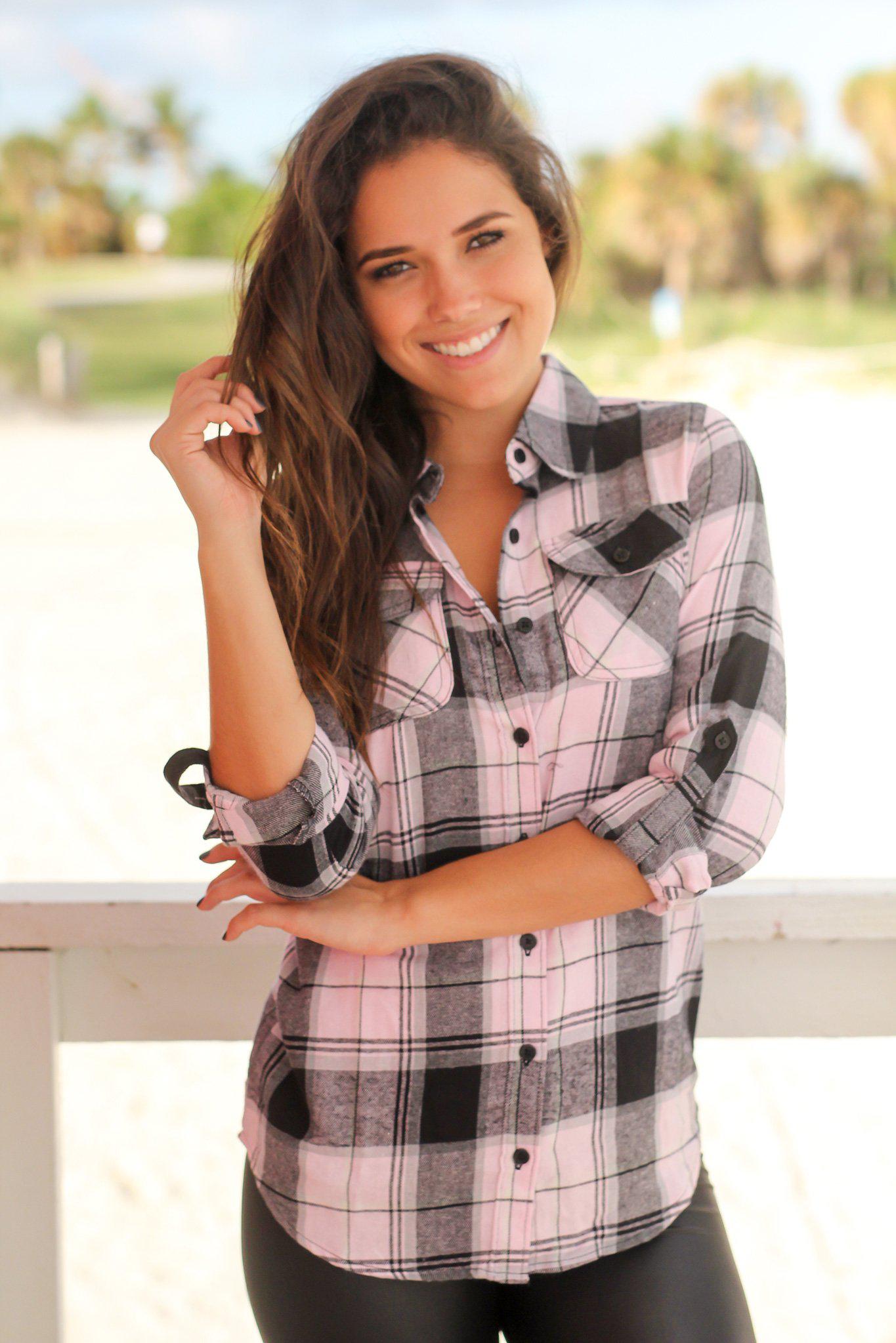Stylish Light Pink Checkered Women's Cotton Top