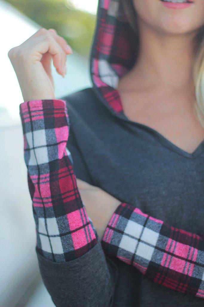 Stylish Charcoal and Plaid Patterned Hooded Women's Tunic for Fall and Winter