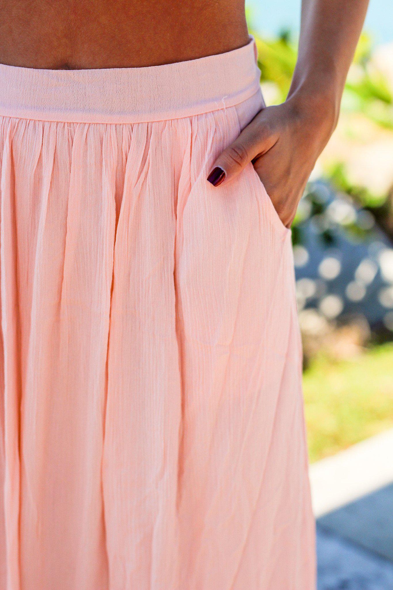 Adorable Light Pink Full-Length Maxi Skirt with Practical Pockets