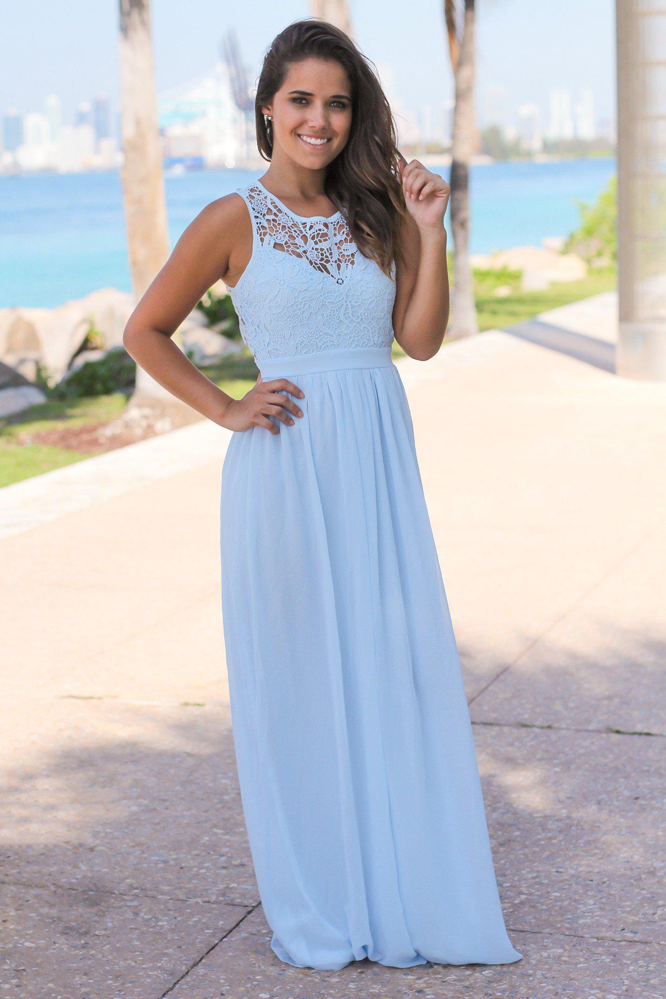 Gorgeous Light Blue Hand - Crocheted Maxi Evening Dress with an Alluring Open Back