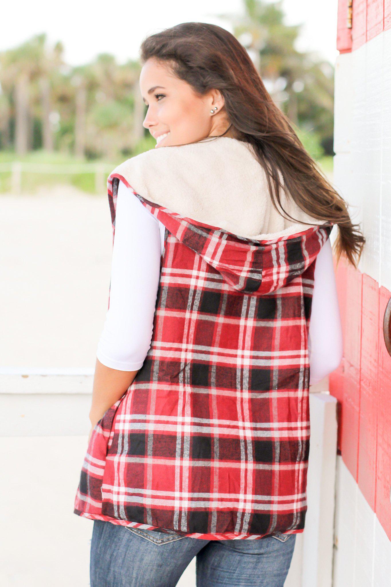 Stylish Burgundy Plaid and Faux Fur Reversible Winter Vest for Fall and Winter Fashion