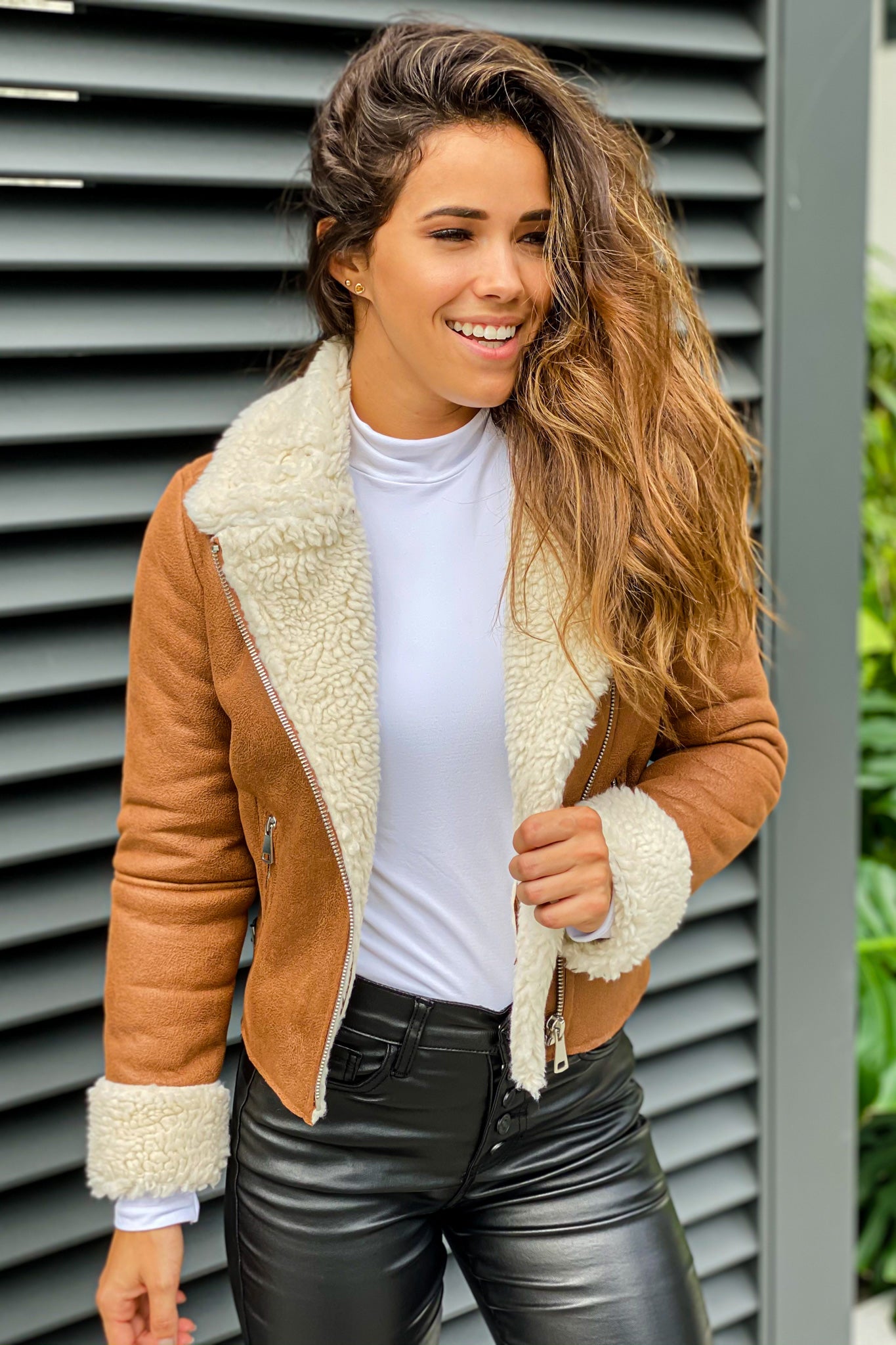 Comfortable Camel Suede and Fuzzy Sherpa Long - Sleeve Jacket