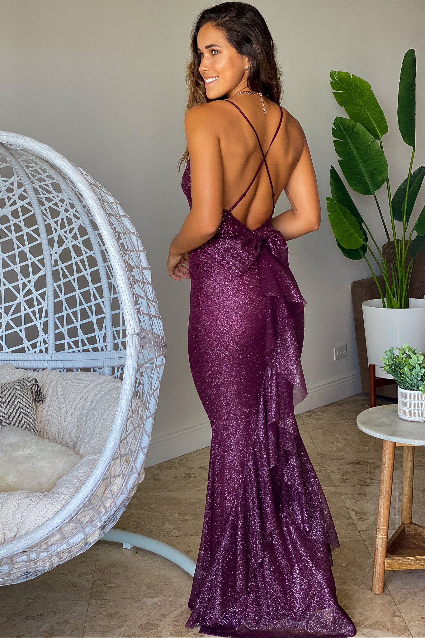 Stylish Burgundy Glitter Formal Maxi Dress Featuring Bow and Ruffle Decorations