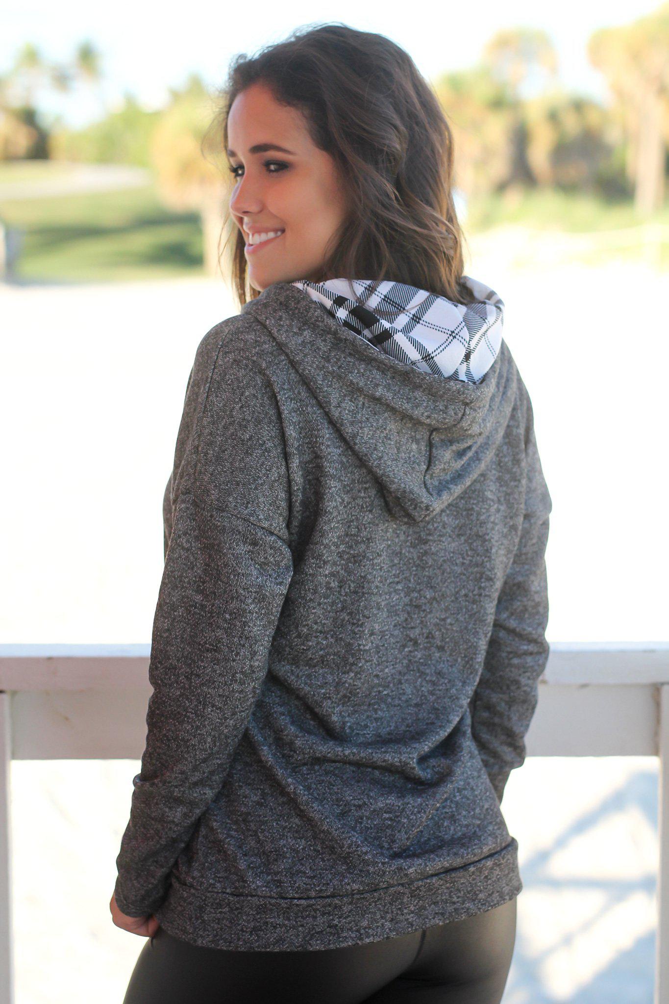Stylish Charcoal Hoodie Featuring Charming Plaid Details