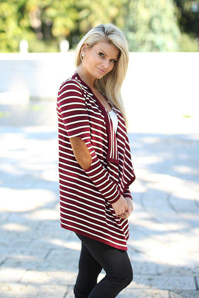Stylish Burgundy Striped Cardigan with Chic Elbow Patches