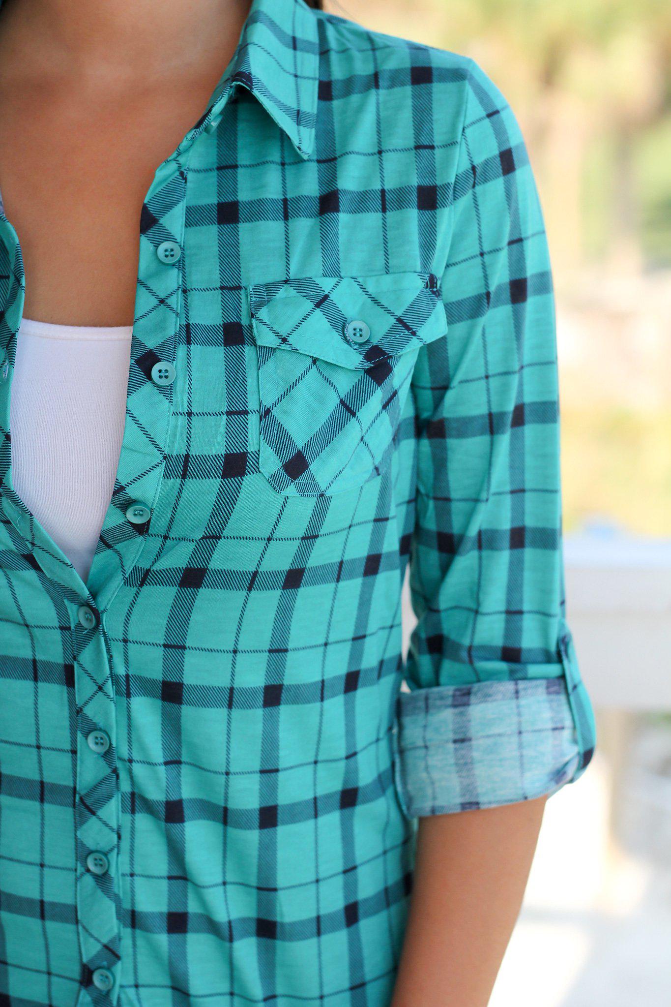 Stylish Jade and Navy Checkered Women's Button - Up Top