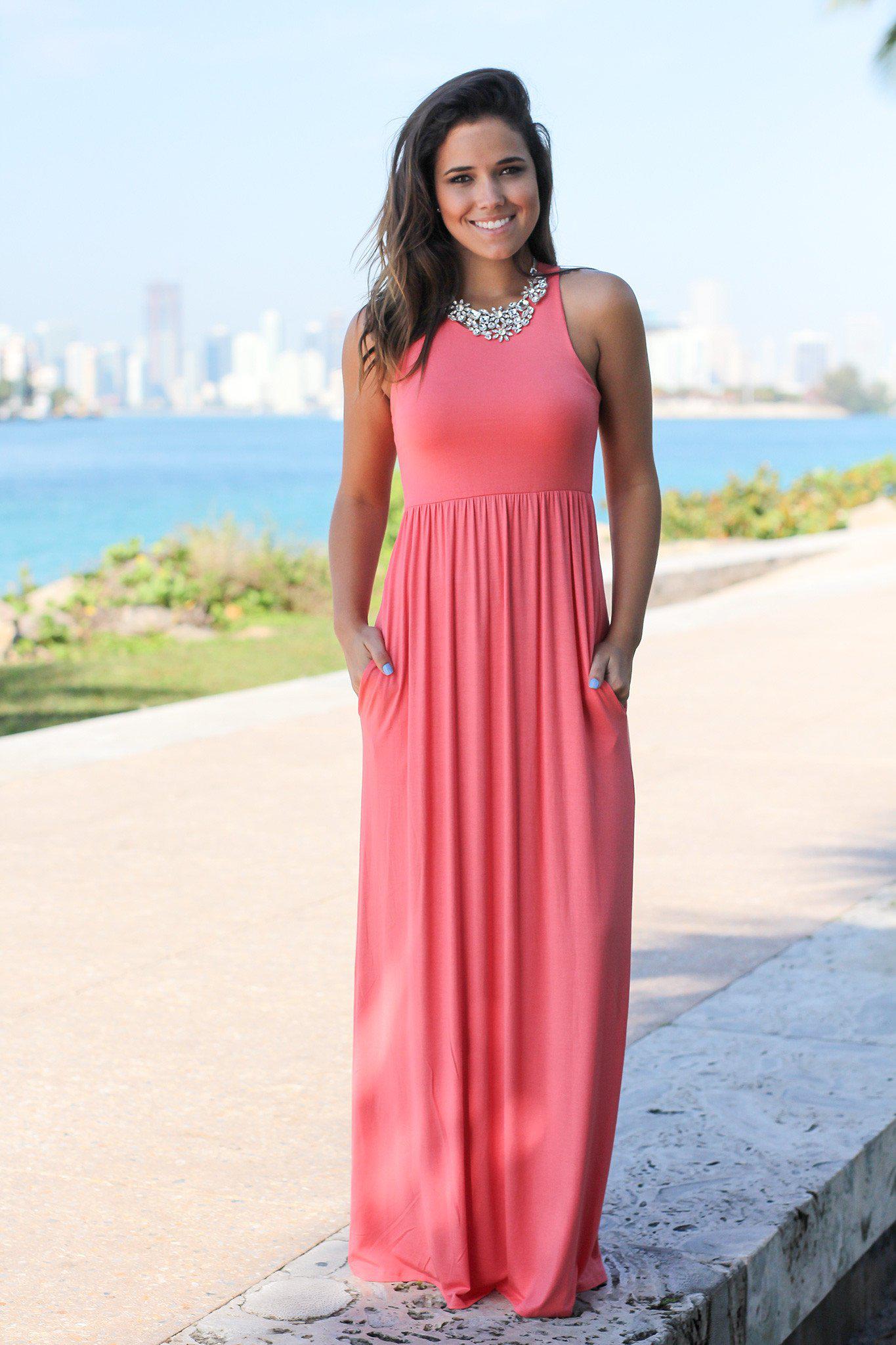 Comfy Light Coral Maxi Dress with Practical Pockets