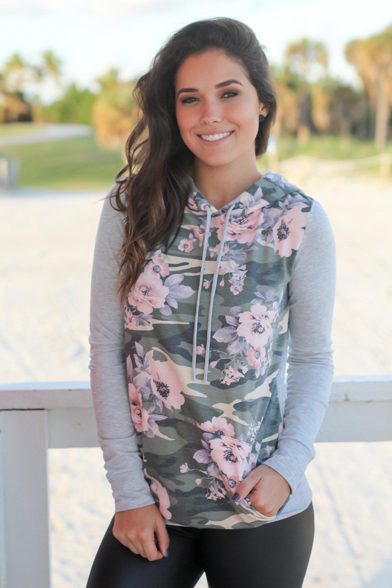Stylish Olive Camo and Floral Print Hoodie with Drawstring and Pocket