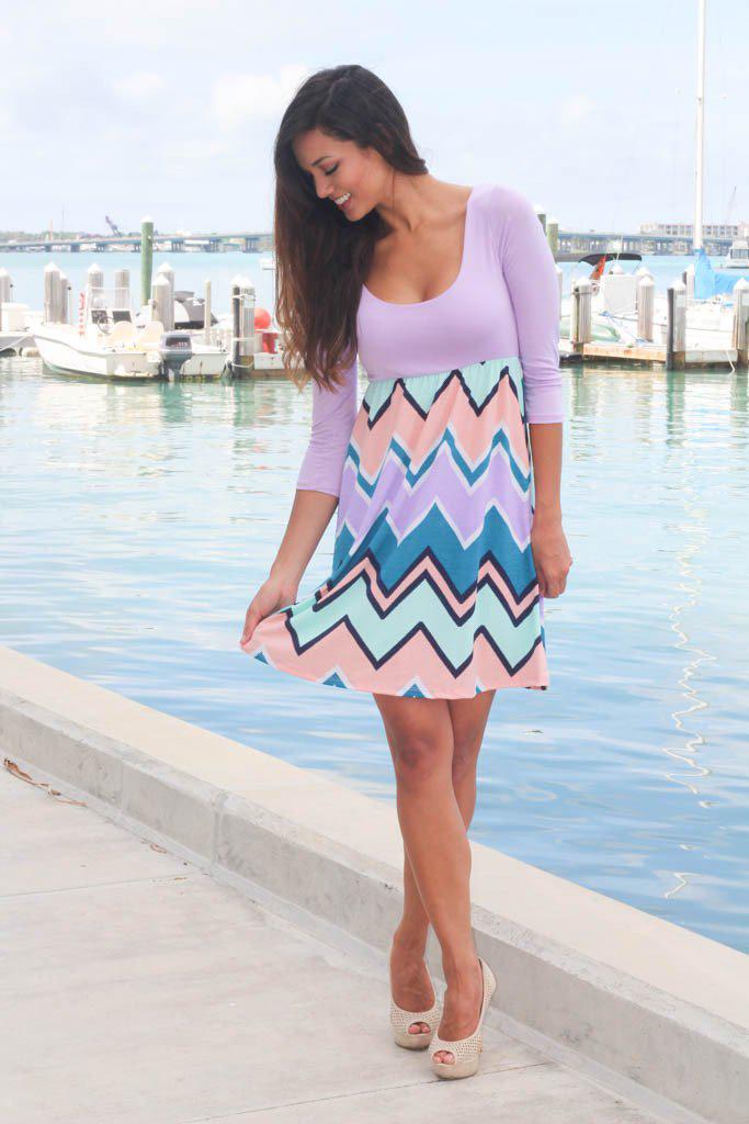 Stylish 3/4 Sleeve Lilac Chevron Women's Dress