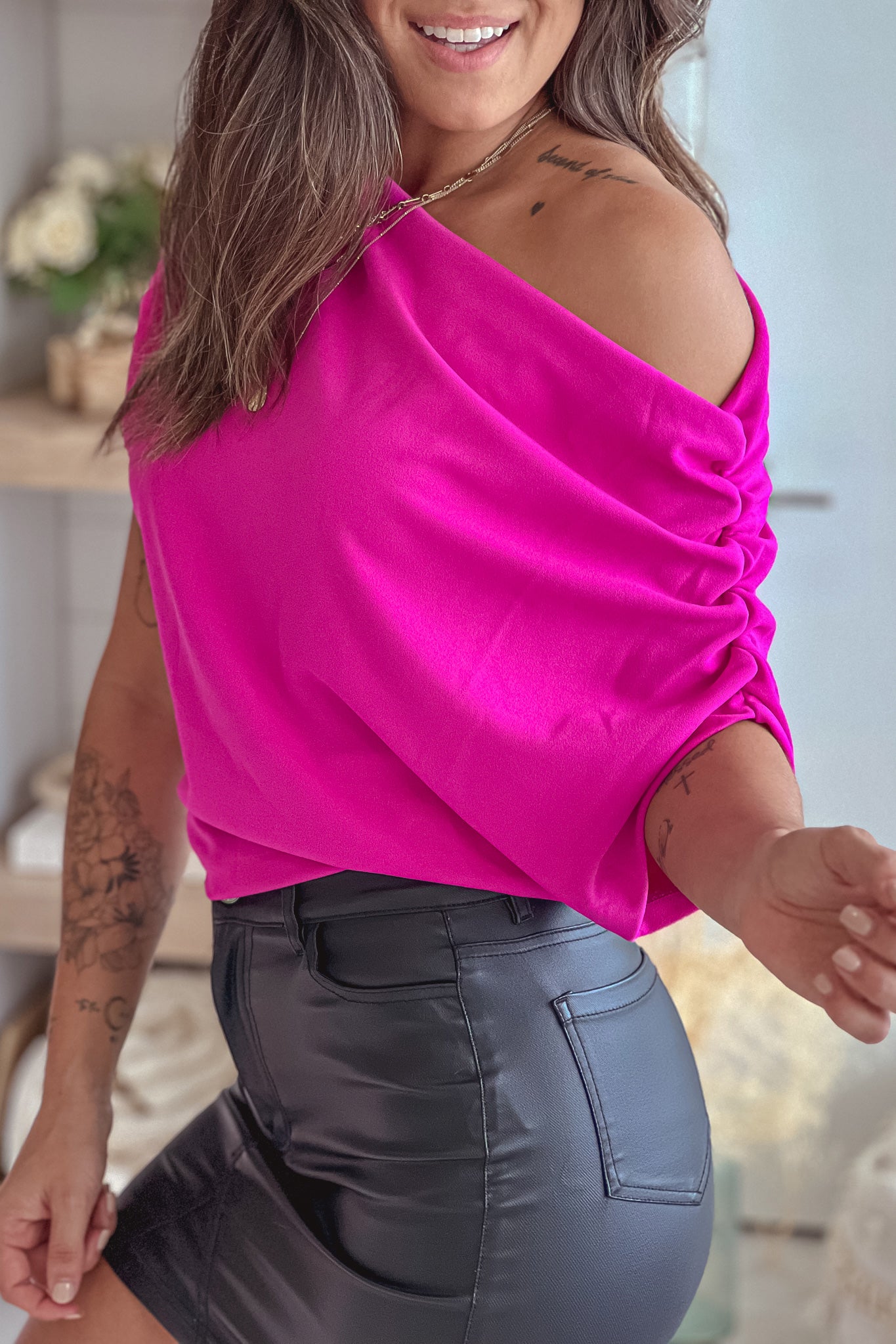 Stunning Magenta One-Shoulder Top with Side Ruched Detailing