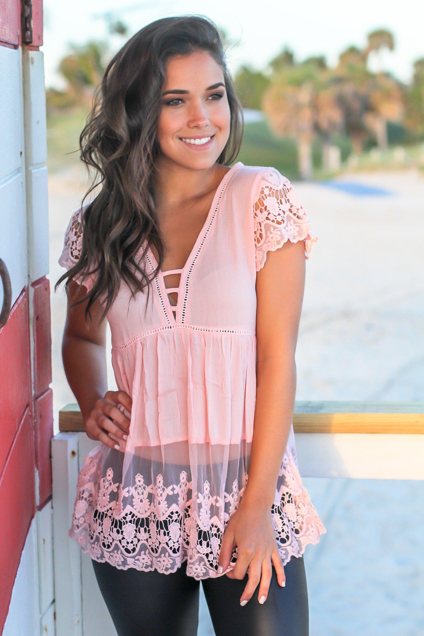 Adorable Blush V-Neck Crochet-Trimmed Top for a Feminine Look