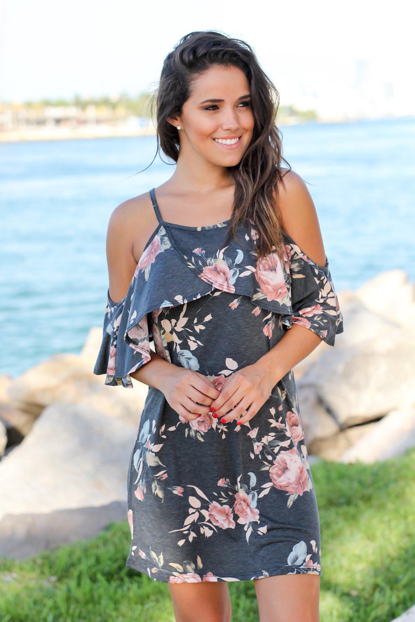 Stylish Charcoal Floral Cold - Shoulder Short Dress for Women's Night Out