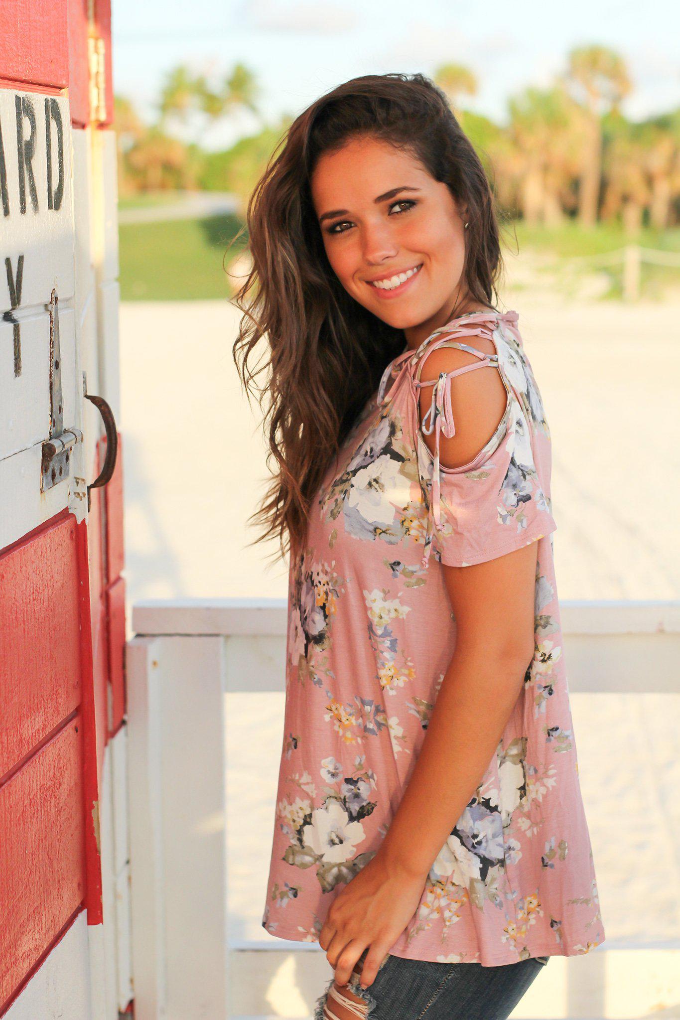 Stylish Women's Mauve Floral Lace - Up Shoulder Short - Sleeve Top