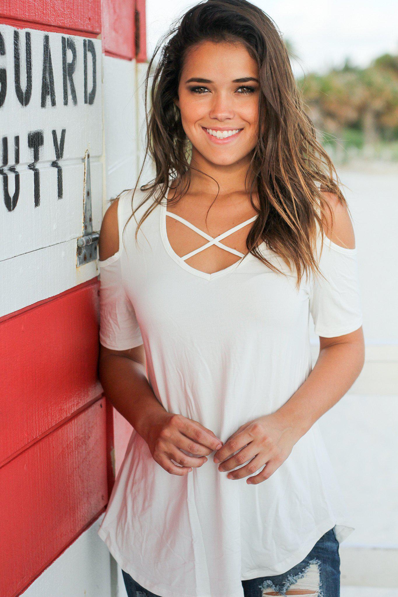 Adorable Ivory Short - Sleeved Open Shoulder Criss Cross Women's Top