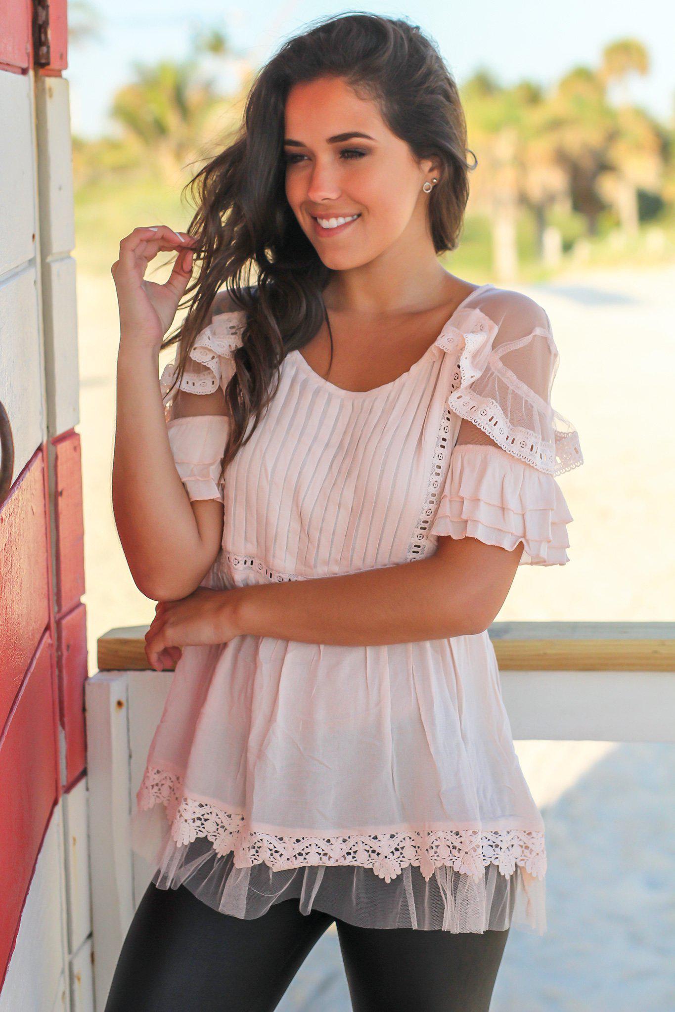 Stylish Blush Women's Fashion Top with Front Pleats and Mesh Design Details