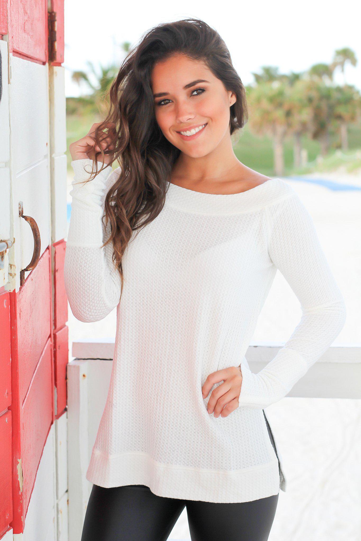 Stylish Ivory Long - Sleeve Off - Shoulder Knit Top for Women
