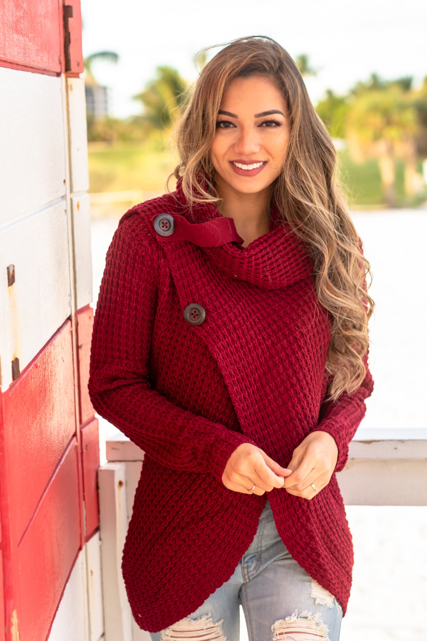 Stylish Burgundy Women's Cowl Neck Knitted Winter Sweater