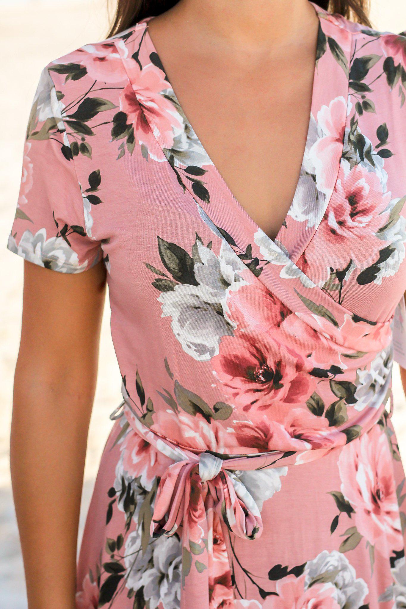 Stylish Mauve Floral Wrap Short Women's Dress for Spring and Summer