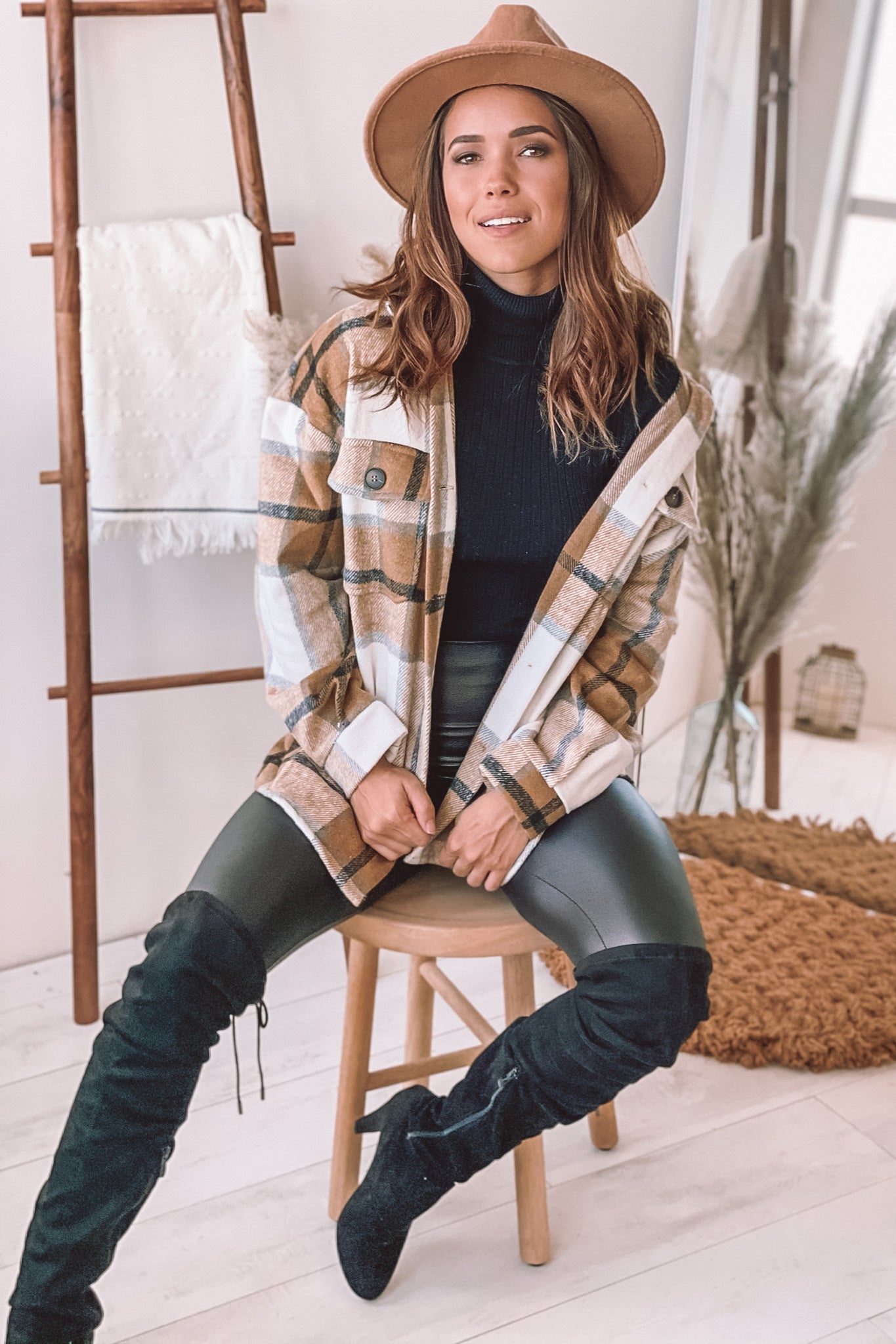 Stylish Brown Plaid Polyester Jacket for Winter and Spring