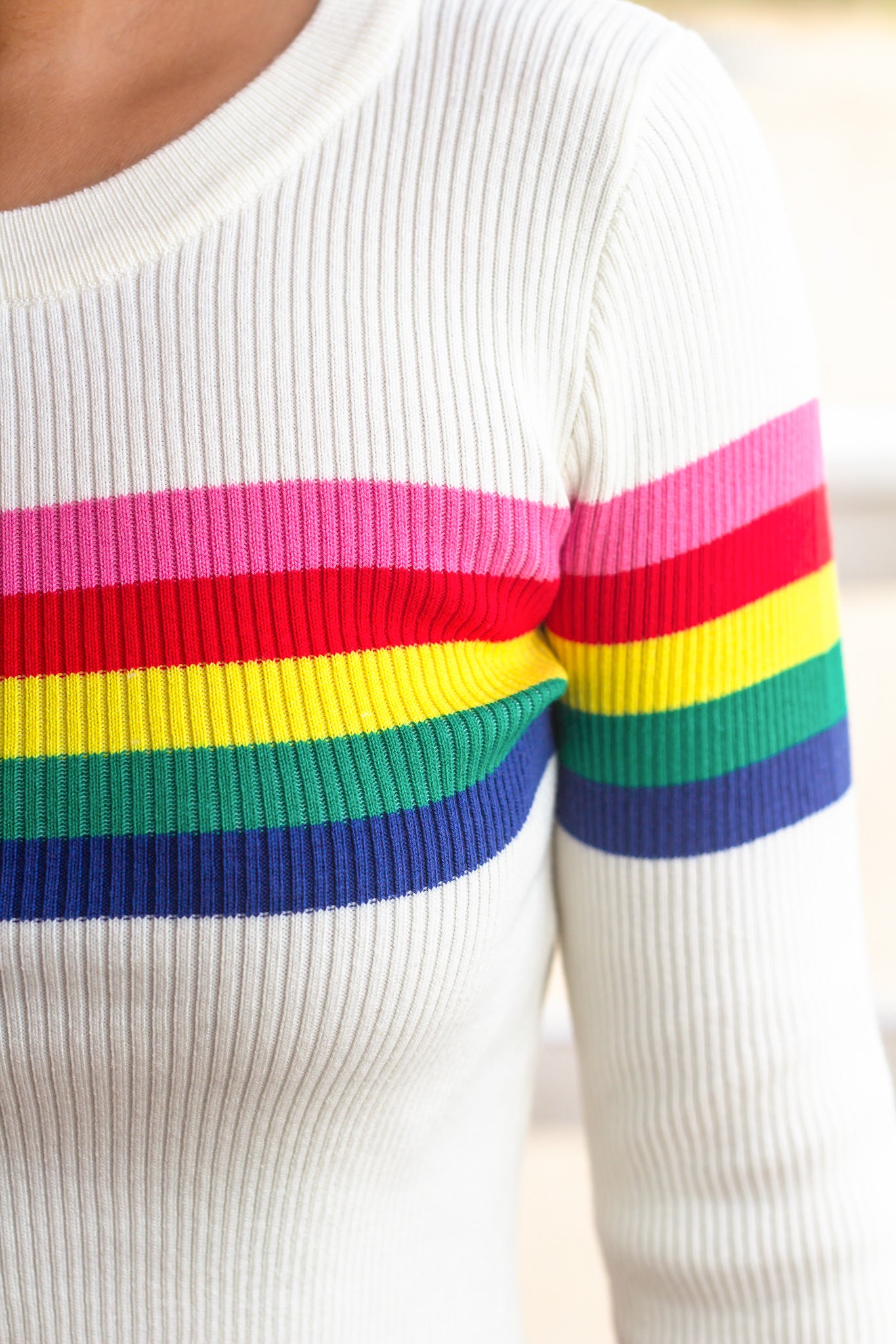 Charming Ivory Rainbow Striped Long - Sleeve Crop Top