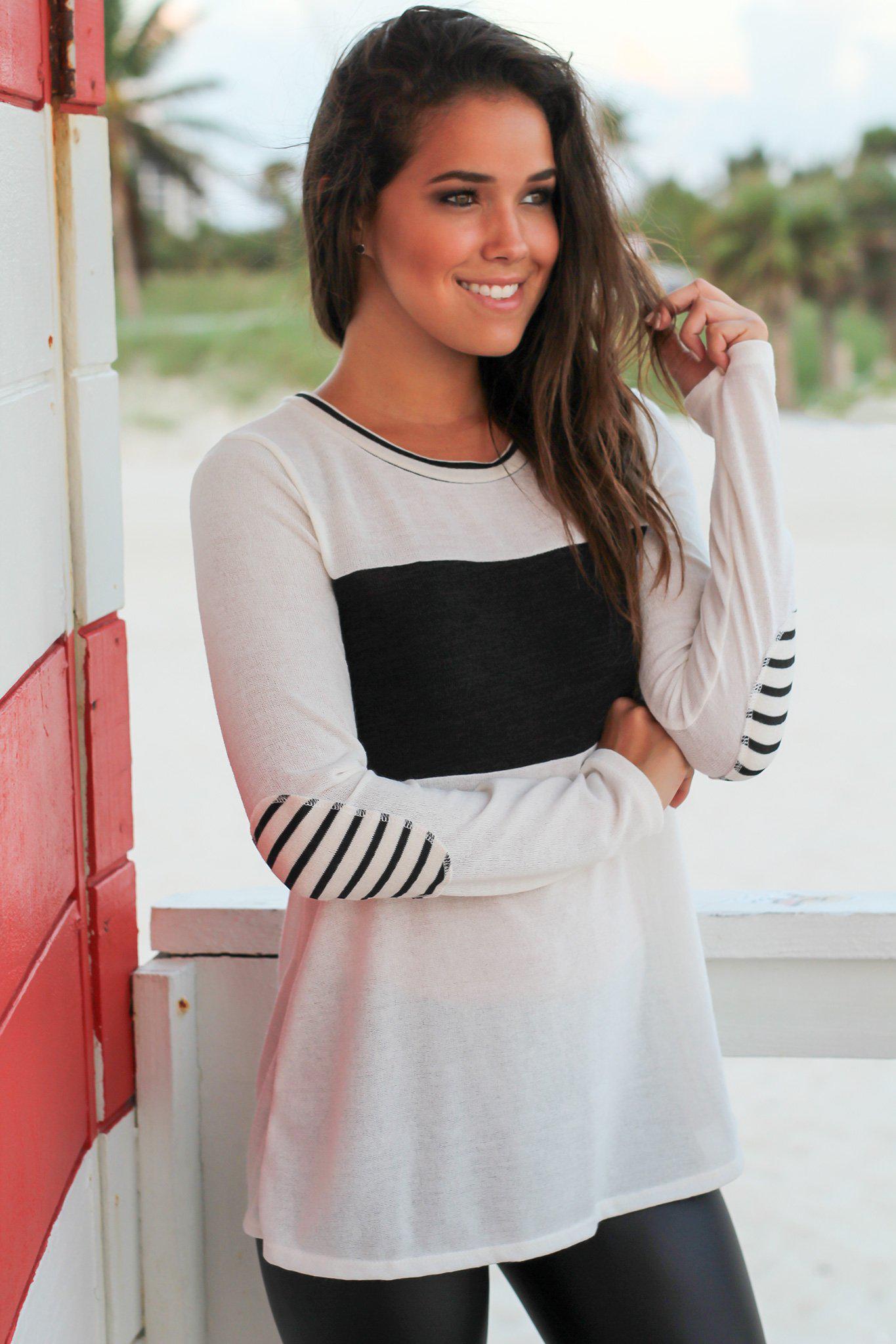 Stylish Ivory Color Block Top with Charming Striped Elbow Patches