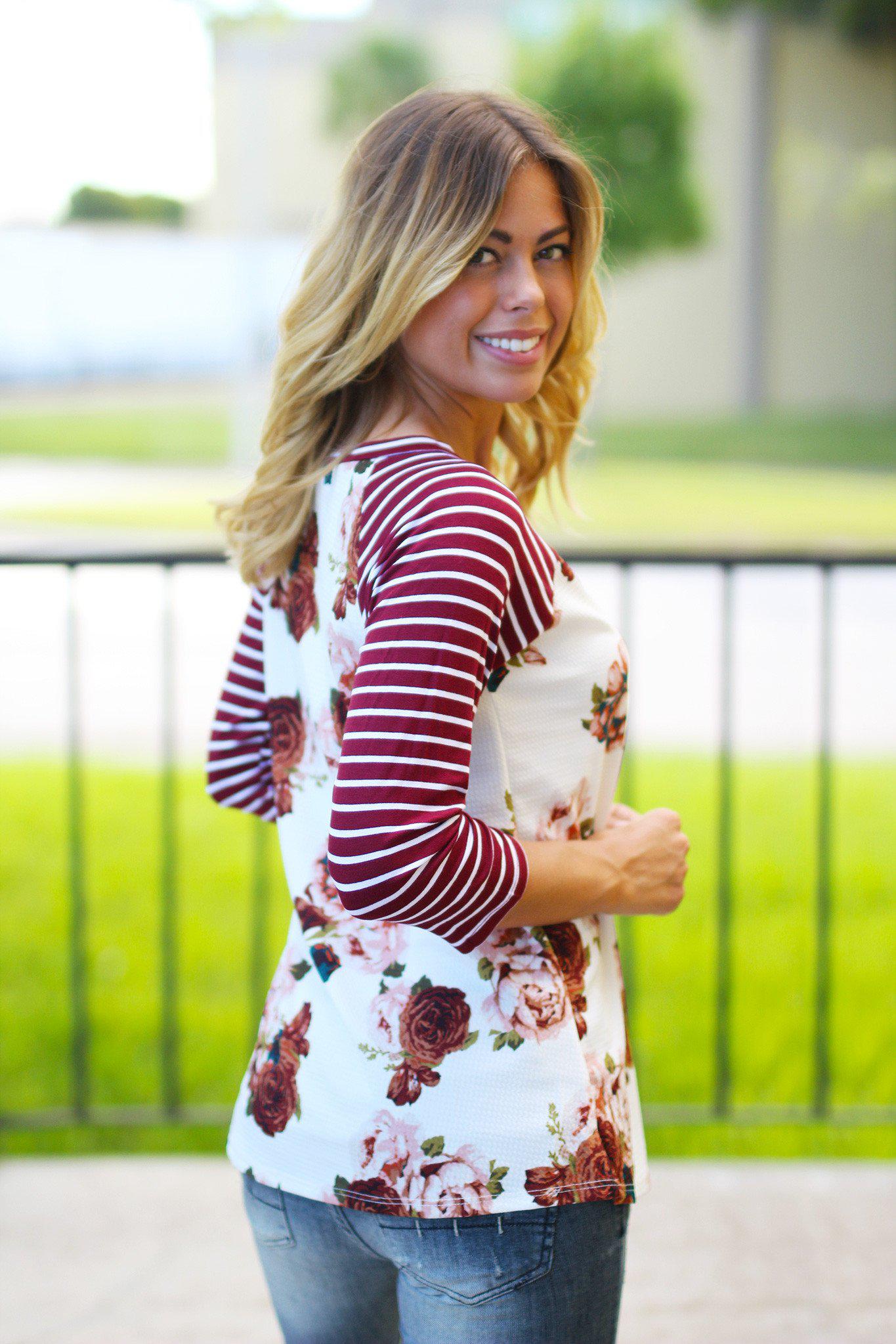 Stylish Burgundy Floral 3/4 Sleeve Top for Fall
