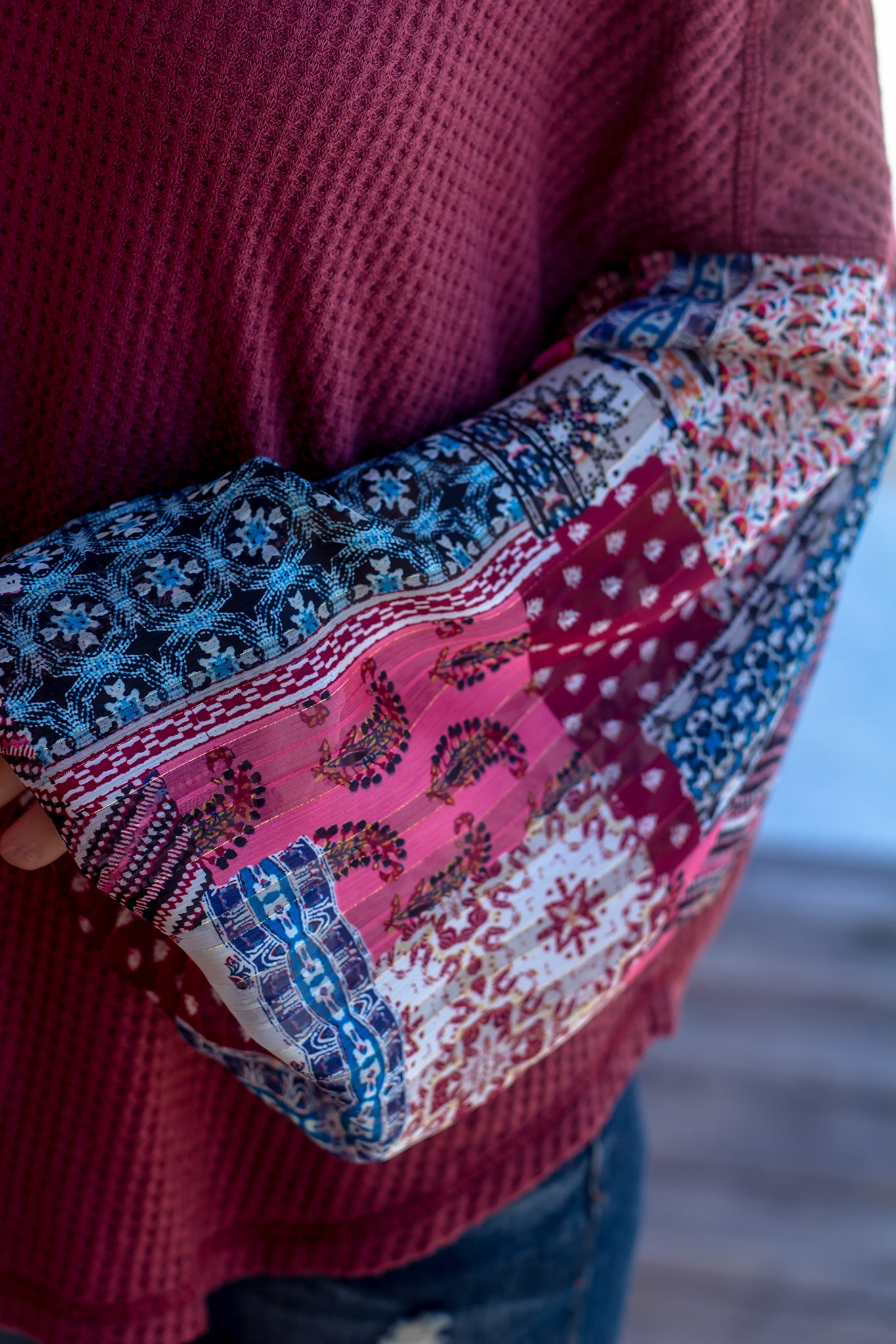 Stylish Women's Burgundy Knit Top Featuring Printed Long Sleeves