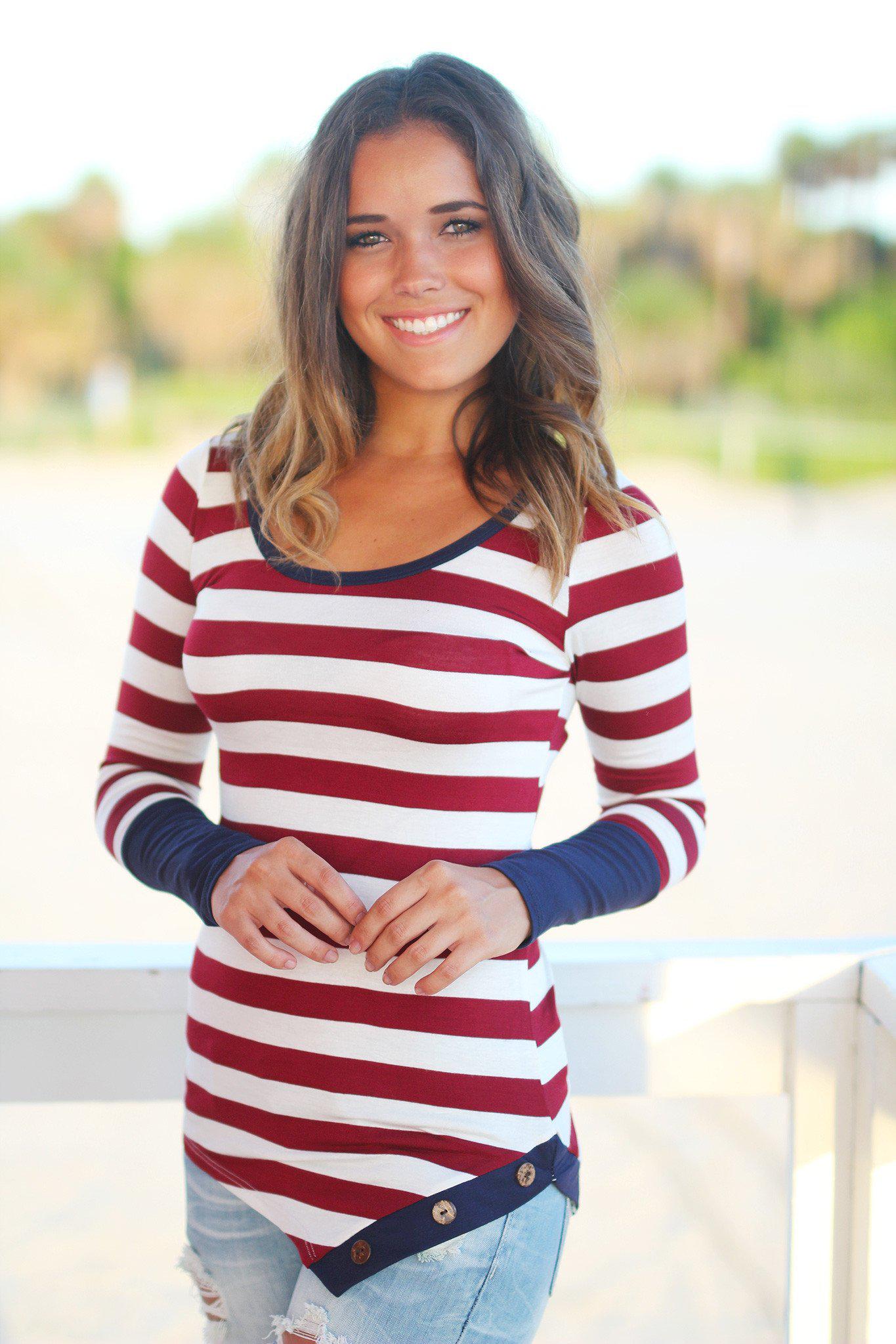 Stylish Burgundy Long Sleeve Buttoned Striped Women's Top