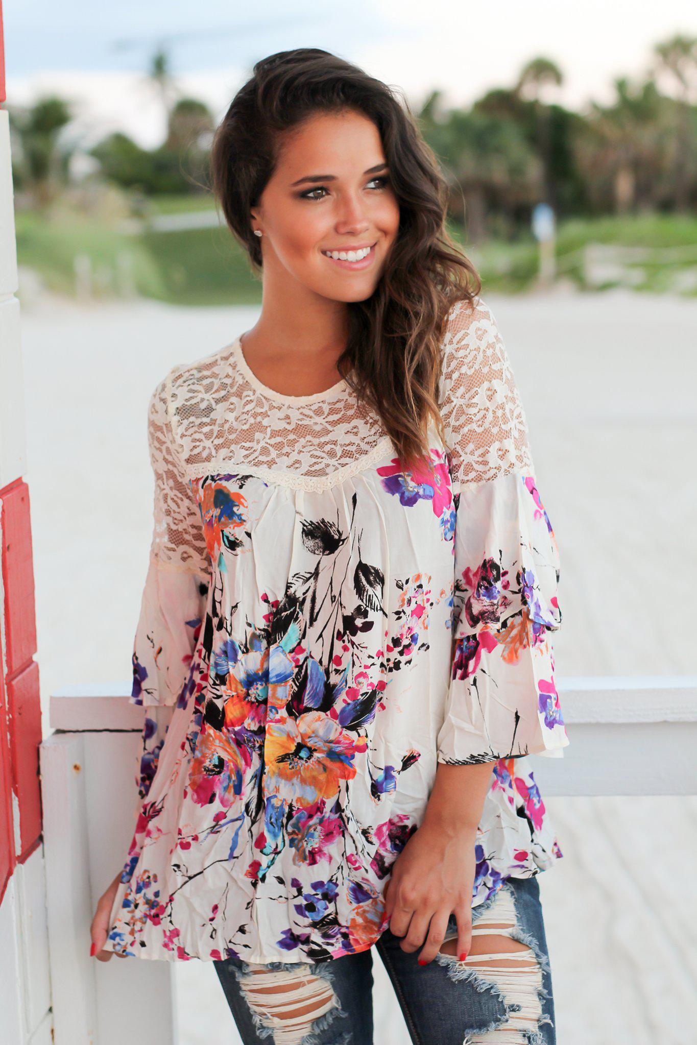 Stylish Ivory Bell - Sleeved Floral Lace Women's Top