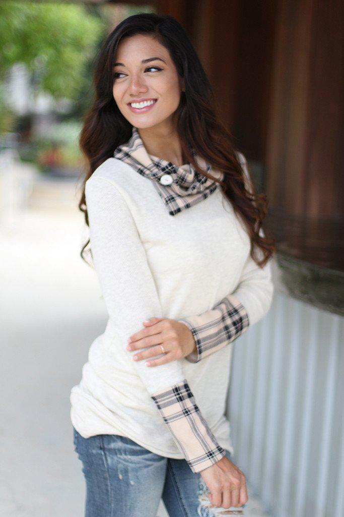 Charming Ivory and Taupe Plaid Cowl Neck Long - Sleeve Top