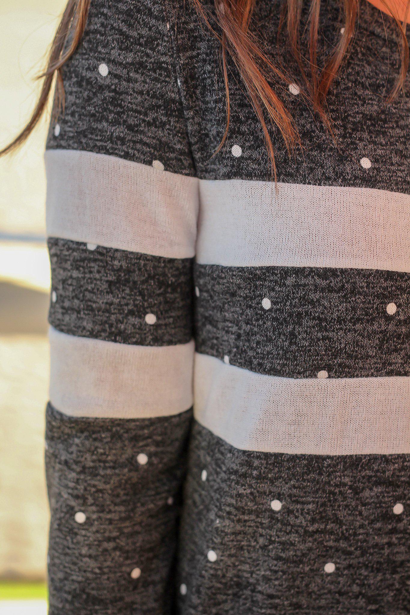 Stylish Charcoal and White Polka Dot Long - Sleeved Women's Top