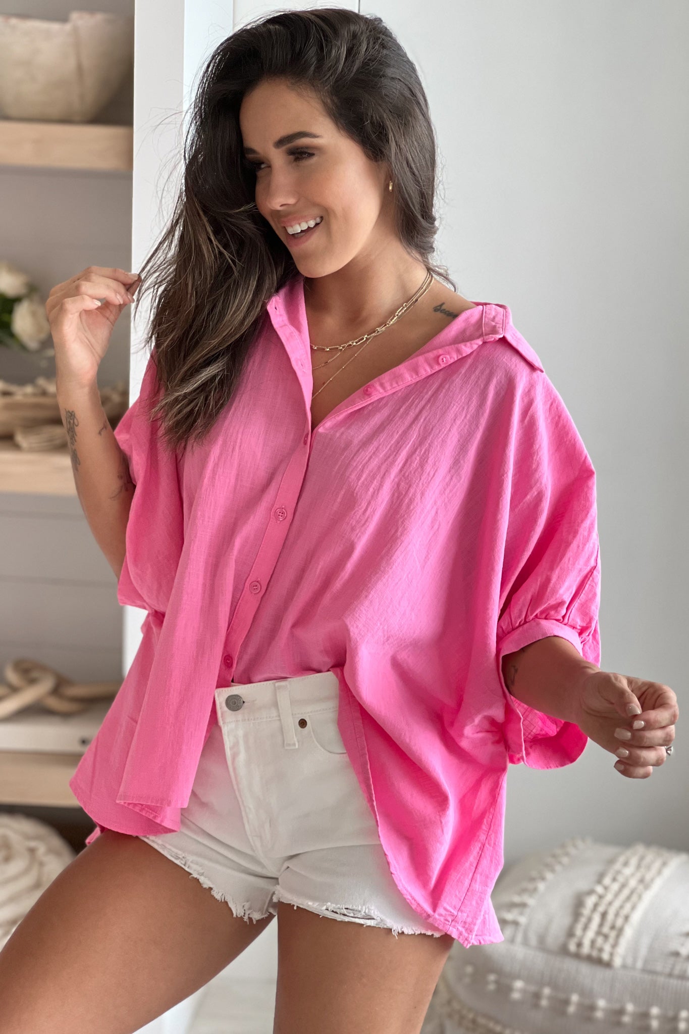 Stylish Bubble Gum Colored Oversized Cotton Button - Down Shirt