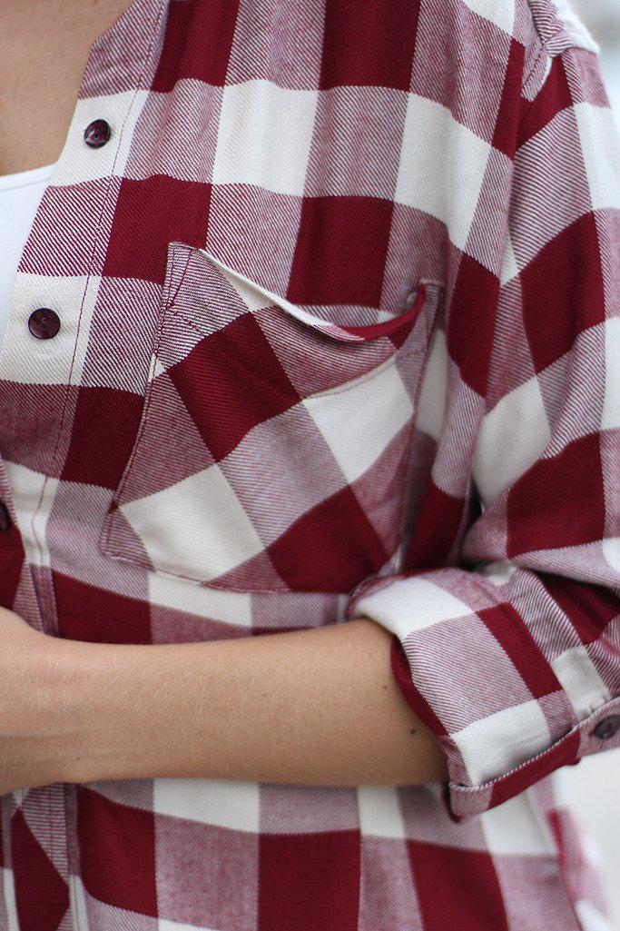 Stylish Burgundy and White Plaid Women's Tunic Top for Casual Wear