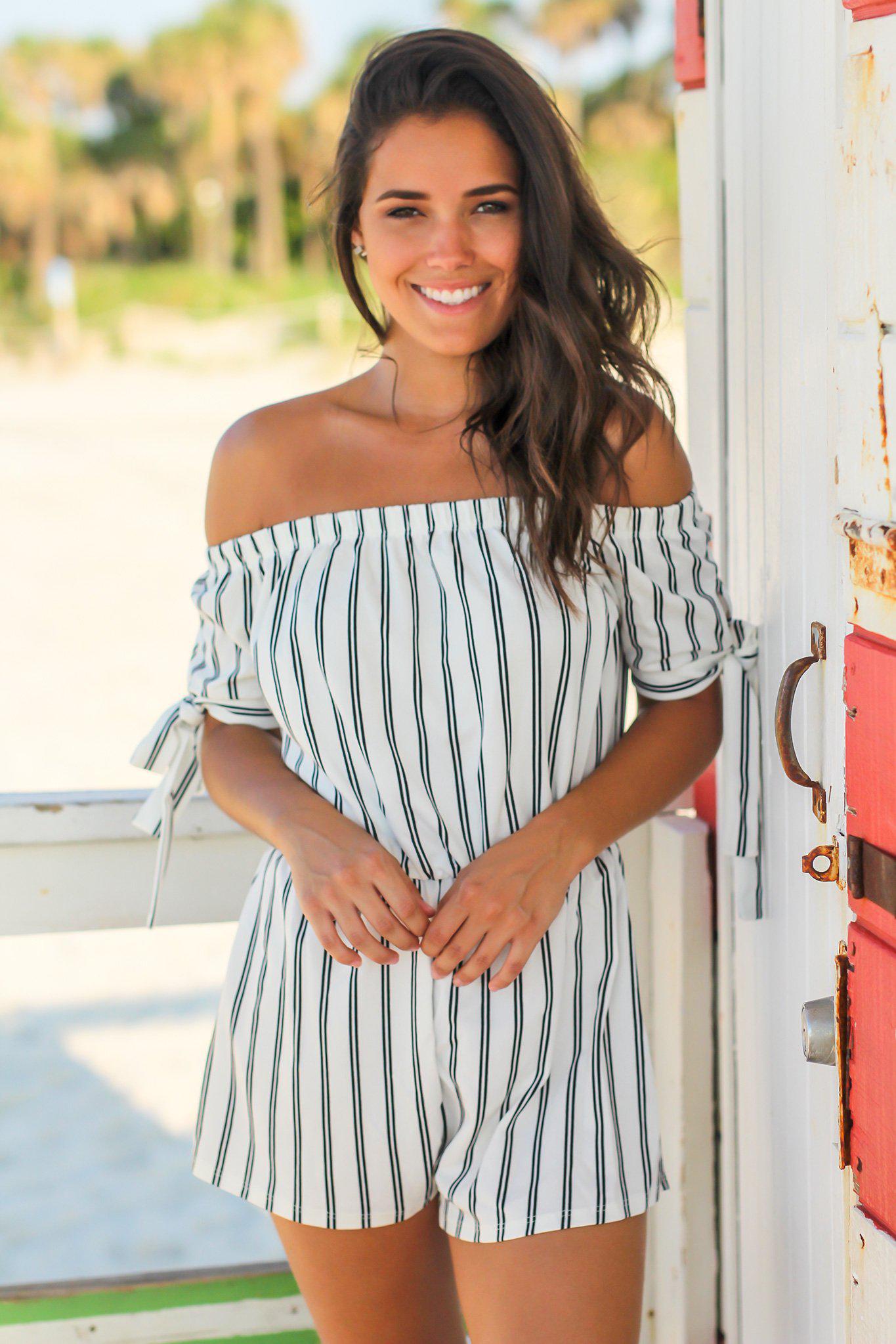 Fashionable Ivory Striped Off-the-Shoulder Women's Summer Romper