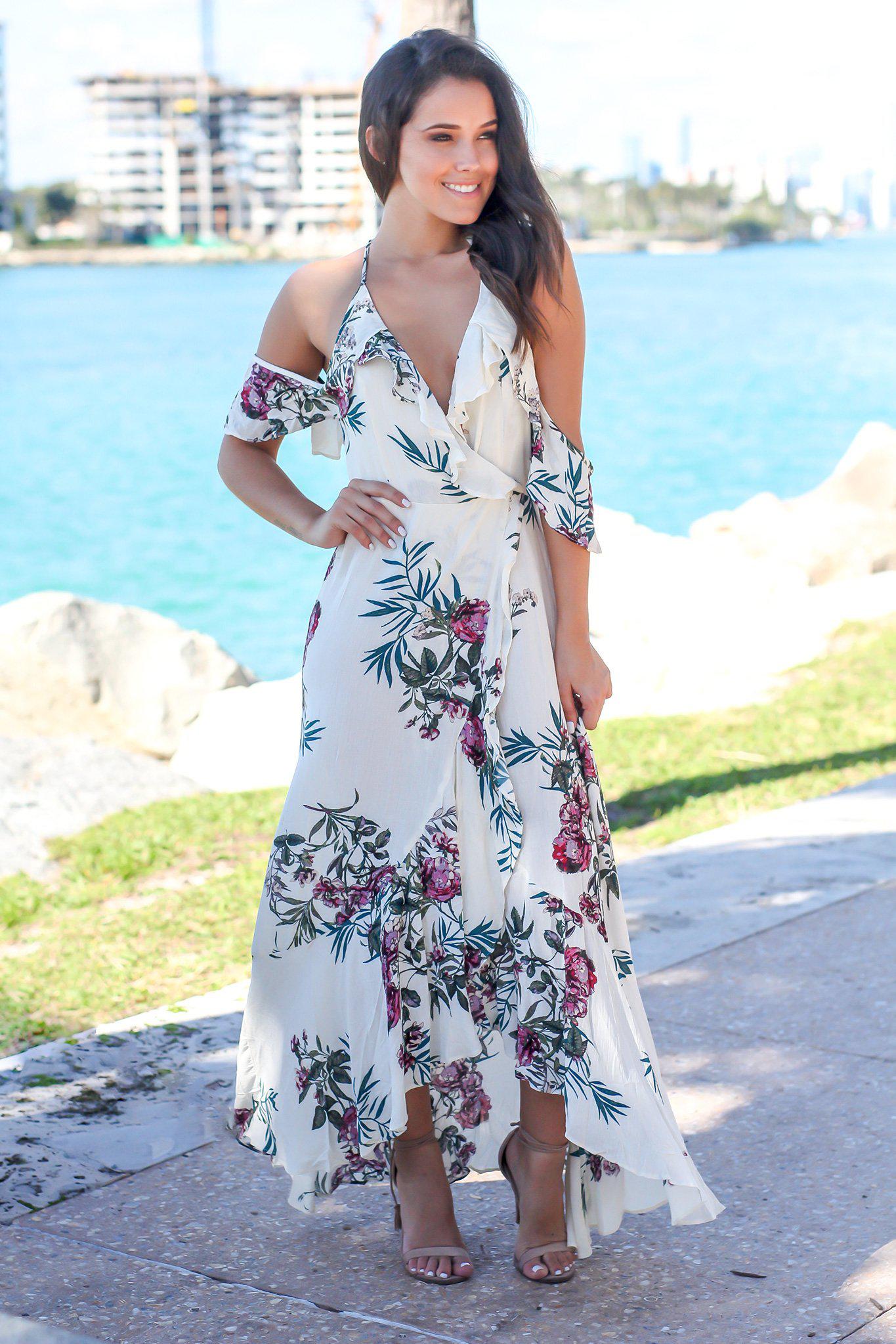 Elegant Ivory Floral Printed Off-the-Shoulder Women's Maxi Dress for Special Occasions