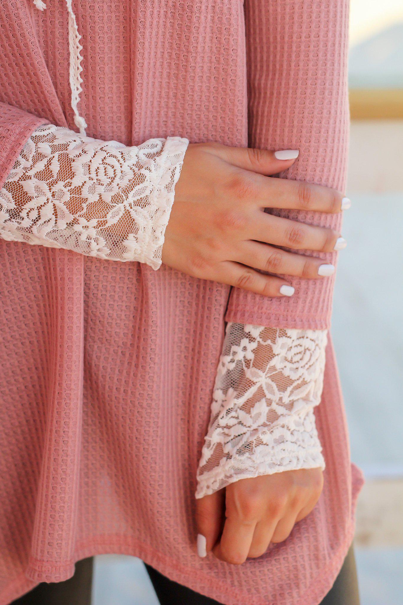 Adorable Mauve Knitted Hoodie Top with Lace Trim and Asymmetrical Hem