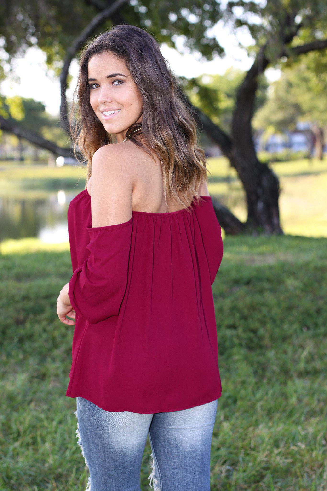 Stylish Burgundy Off - Shoulder Lightweight Polyester Top