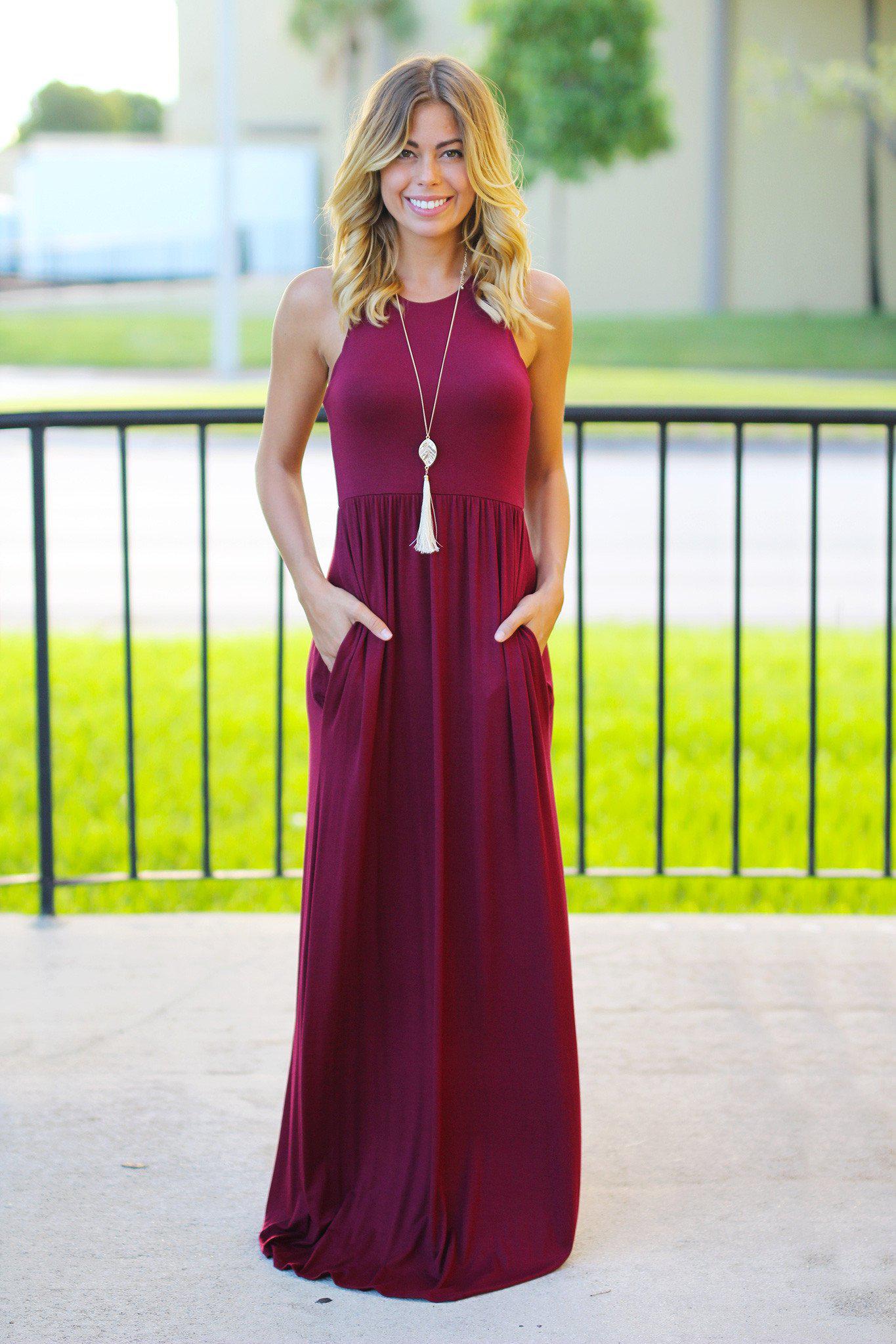 Stunning Burgundy Women's Maxi Dress with Functional Pockets