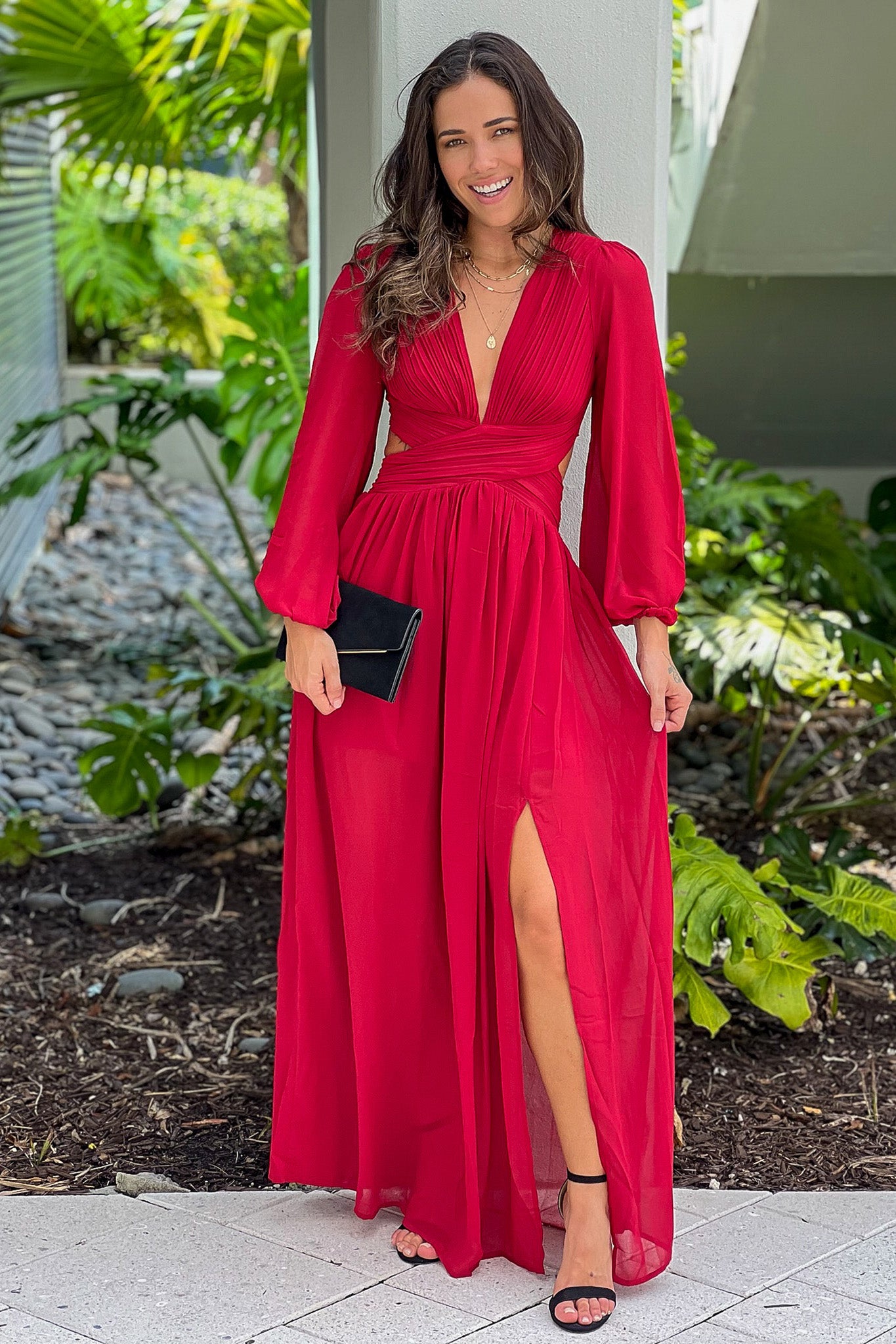 Stylish Burgundy Pleated V-Neck Long Maxi Dress for Women