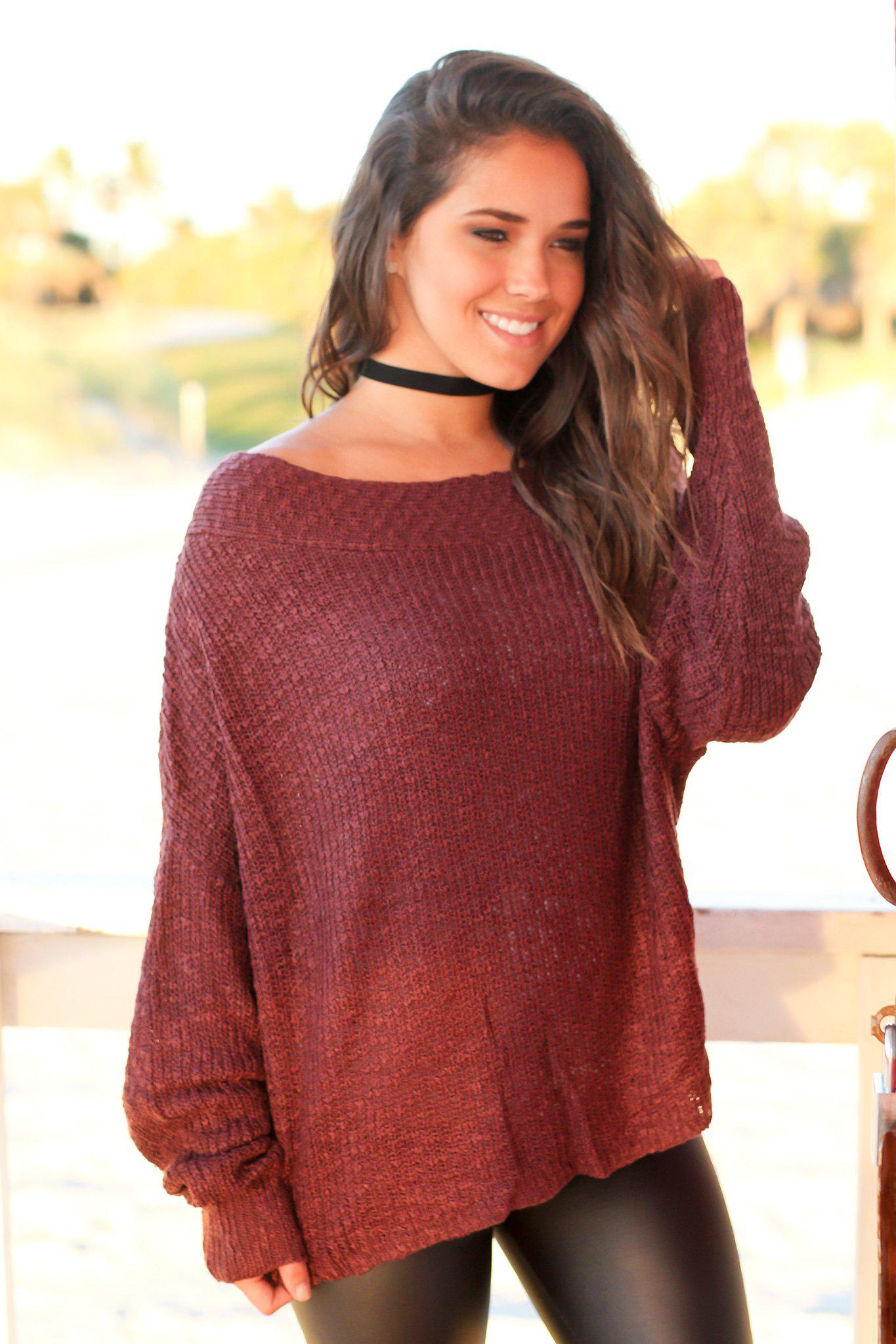 Stylish Maroon Knitted Women's Top Featuring a Draped Neckline