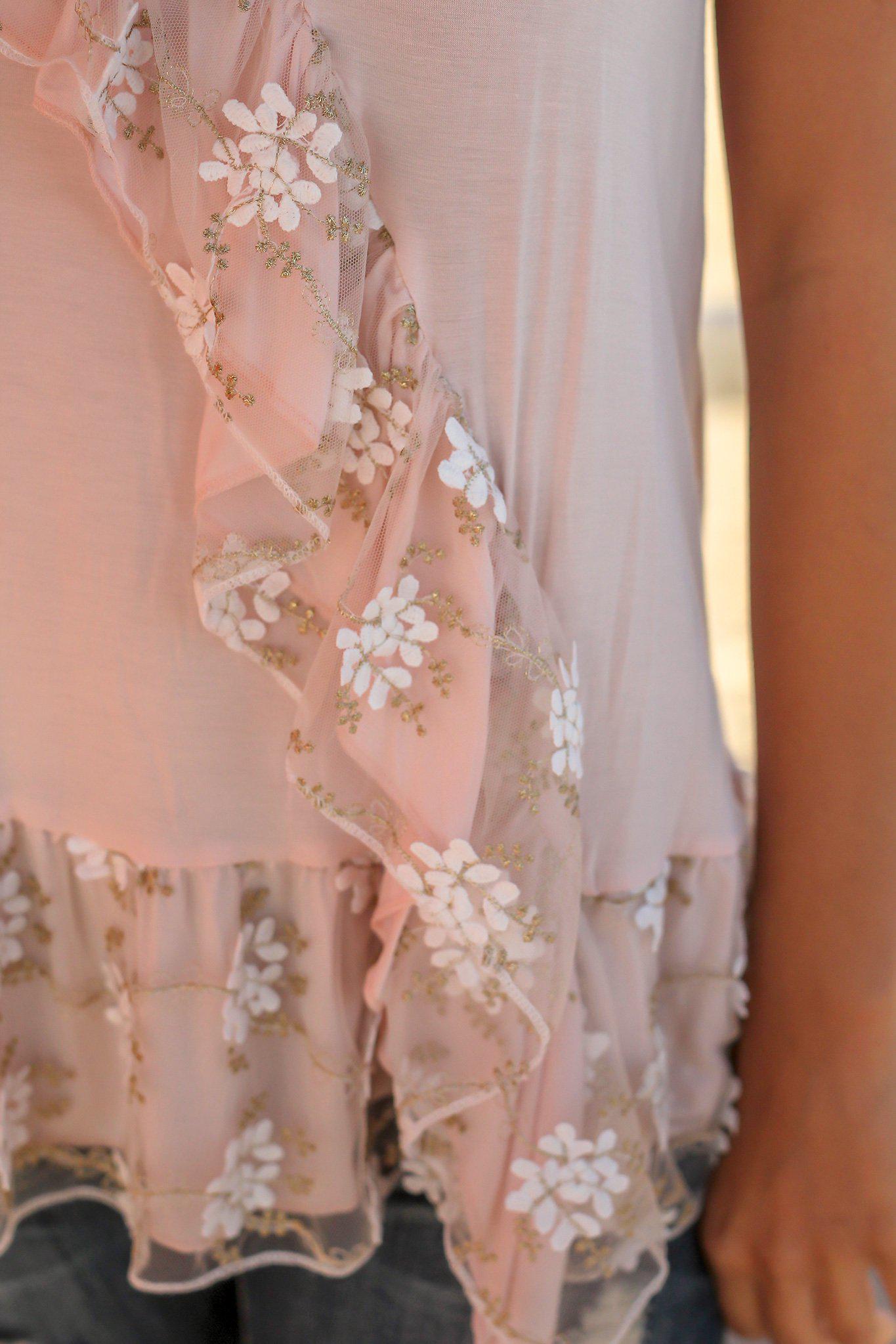 Adorable Women's Blush-colored Sleeveless Top with Floral and Ruffle Details