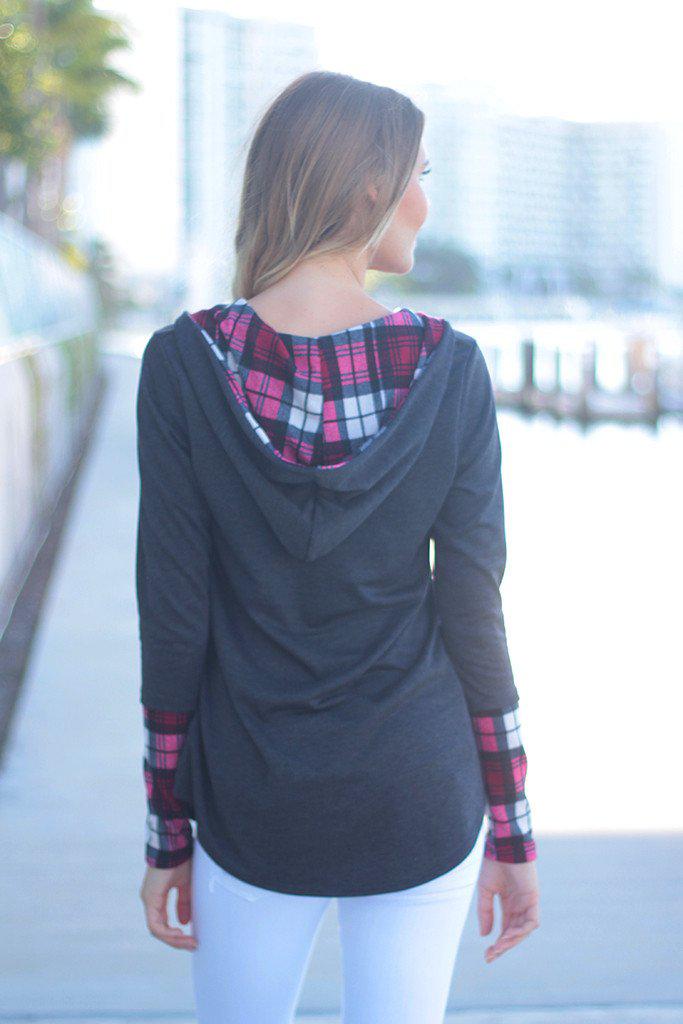 Stylish Charcoal and Plaid Patterned Hooded Women's Tunic for Fall and Winter