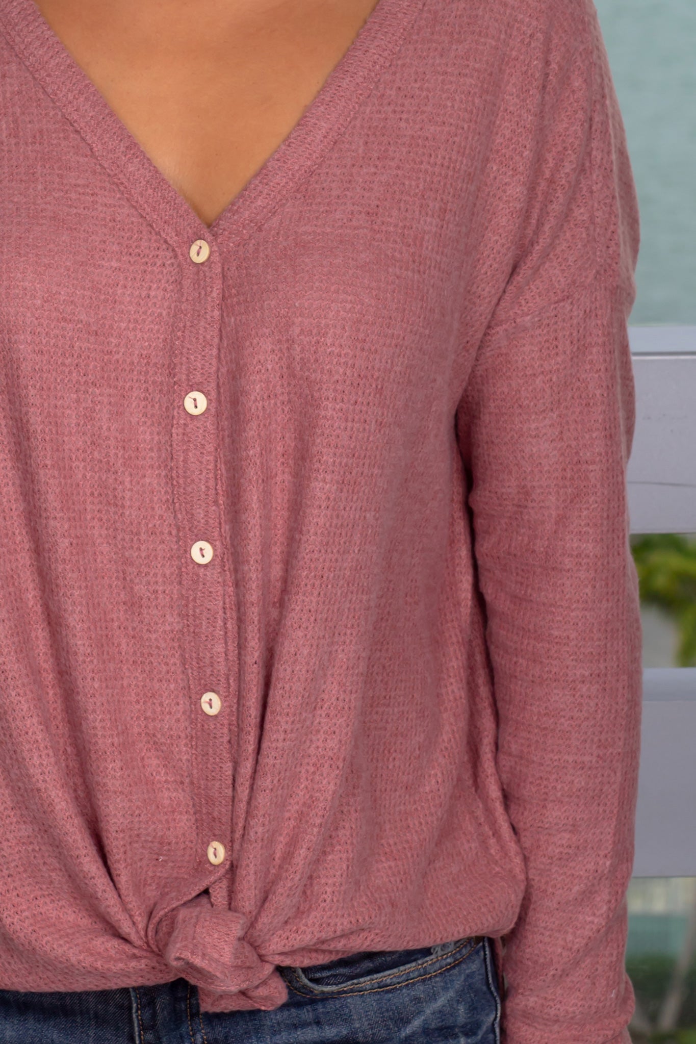 Stylish Maroon Long Sleeve Button - Down Top with Front Tie Detail