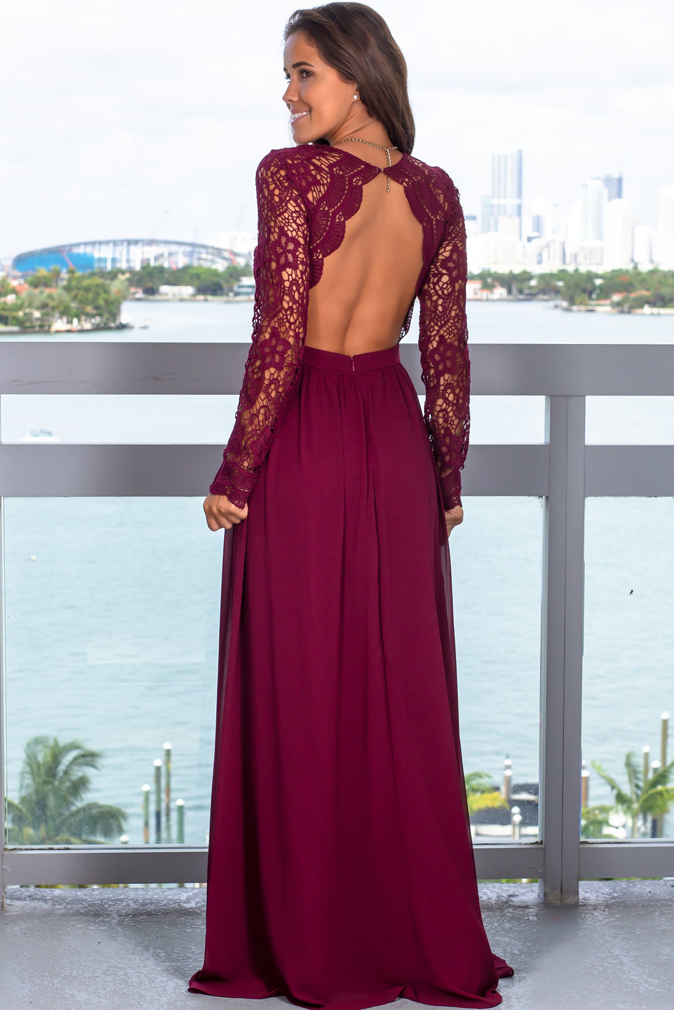 Stunning Burgundy Long - Sleeved Crochet Maxi Dress for Formal Events