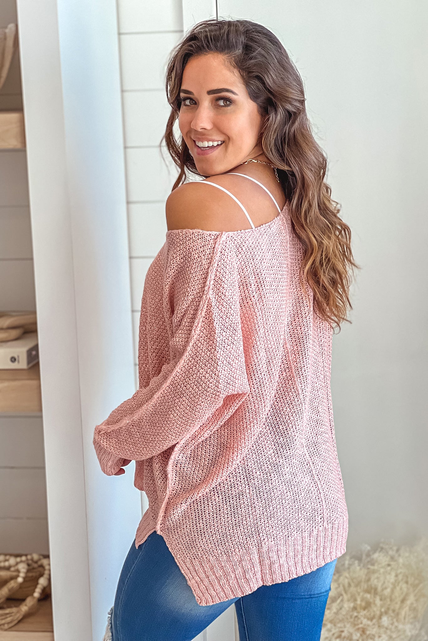 Adorable Light Pink Long - Sleeved V - Neck Knitted Top