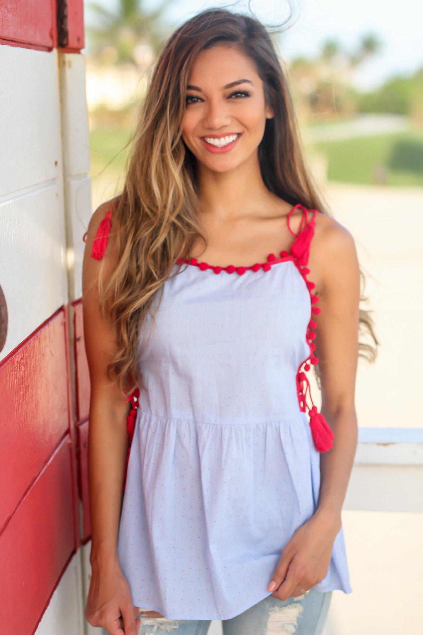 Adorable Light Blue Sleeveless Top with Tassel and Pom Pom Accents