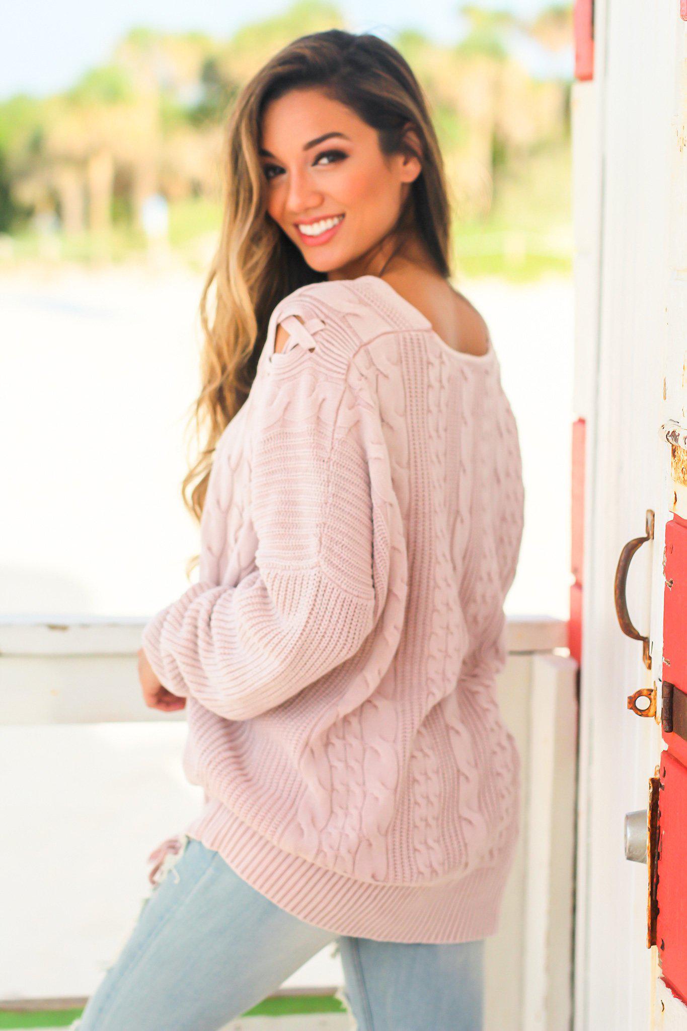 Stylish Mauve-colored Cable Knit Cotton Sweater for Fall and Winter