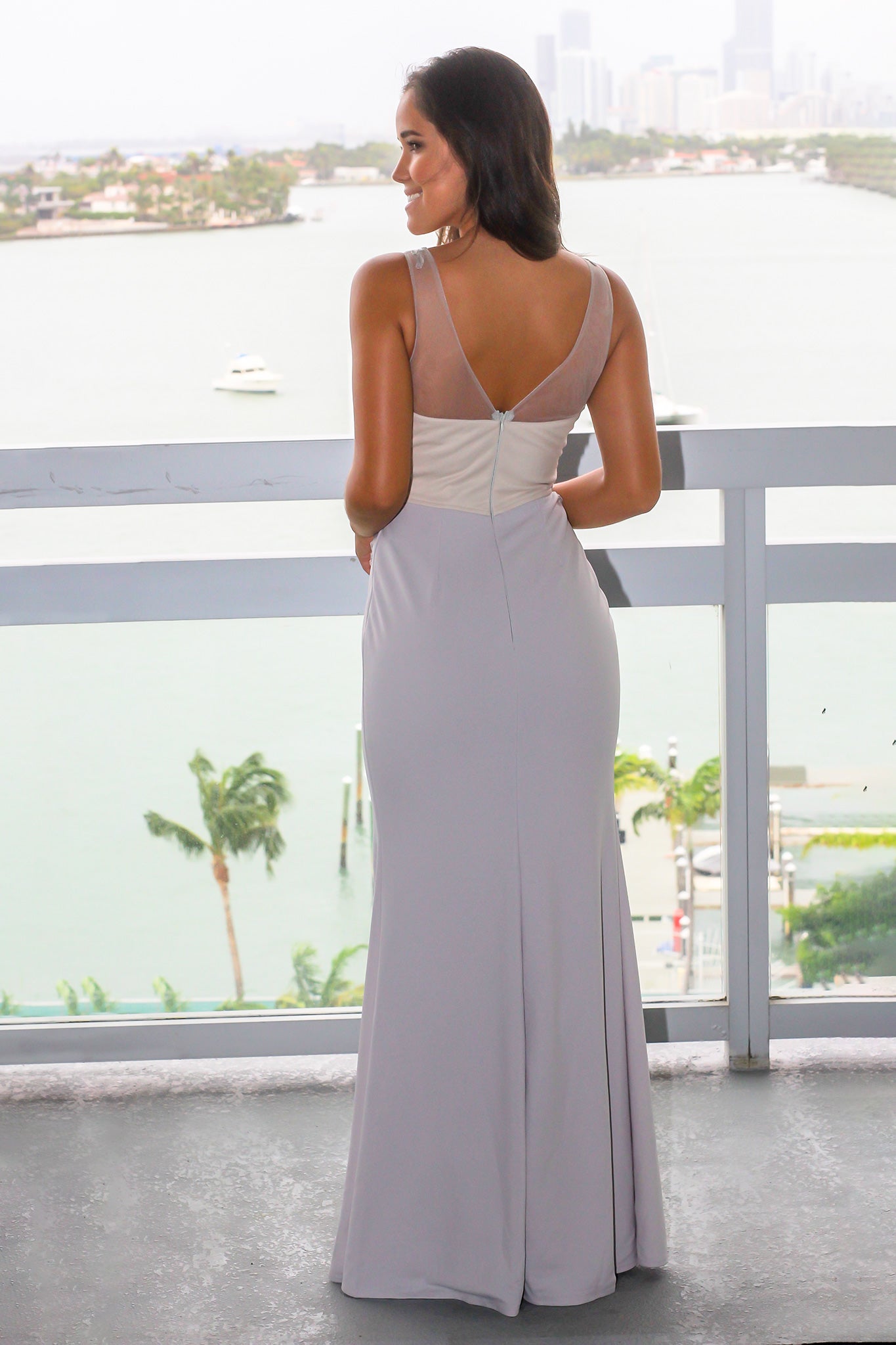 Elegant Light Gray Embroidered Sleeveless Maxi Formal Dress with Side Slit