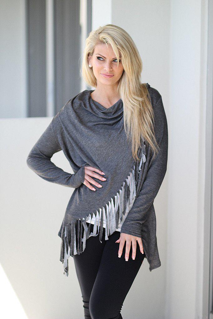 Charcoal Women's Fashion Fringe Wrap Style Long Sleeve Top