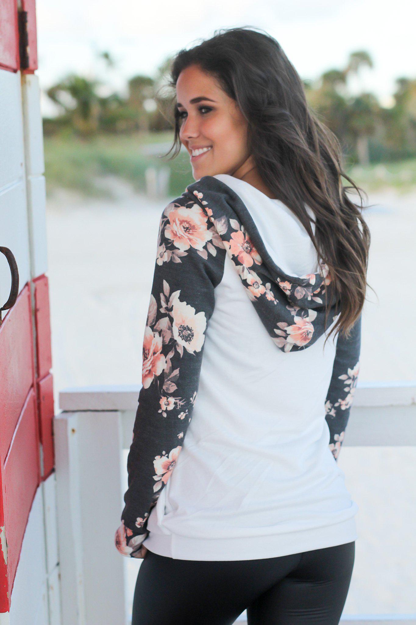 Stylish Ivory Hoodie with Beautiful Floral Long Sleeves